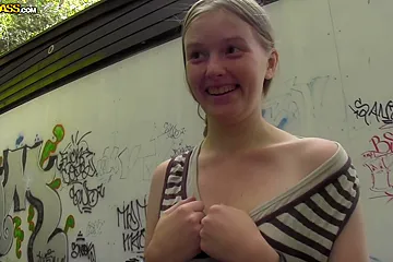Amateur Euro babe flashes her tits - free porn video