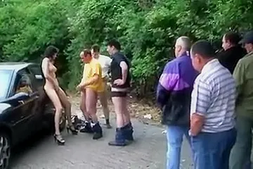 Young Melania gang bang in auto parking - free porn video