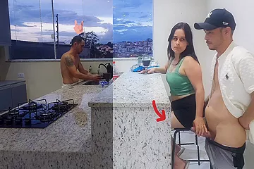 Fucking Hot Wife In The Kitchen Until She Cums, While The Cuckold Washes The Dishes - free porn video